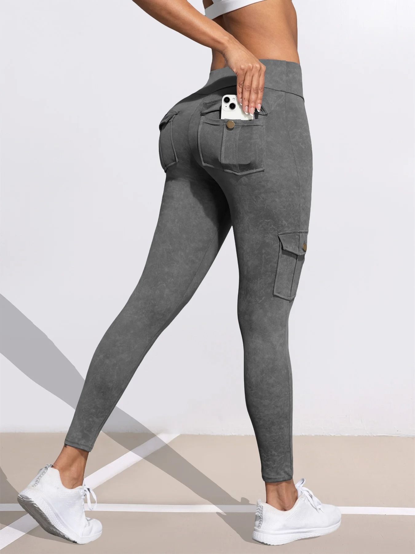 Womens Butt Lifting Leggings with Side Pocket and Washed Print Design