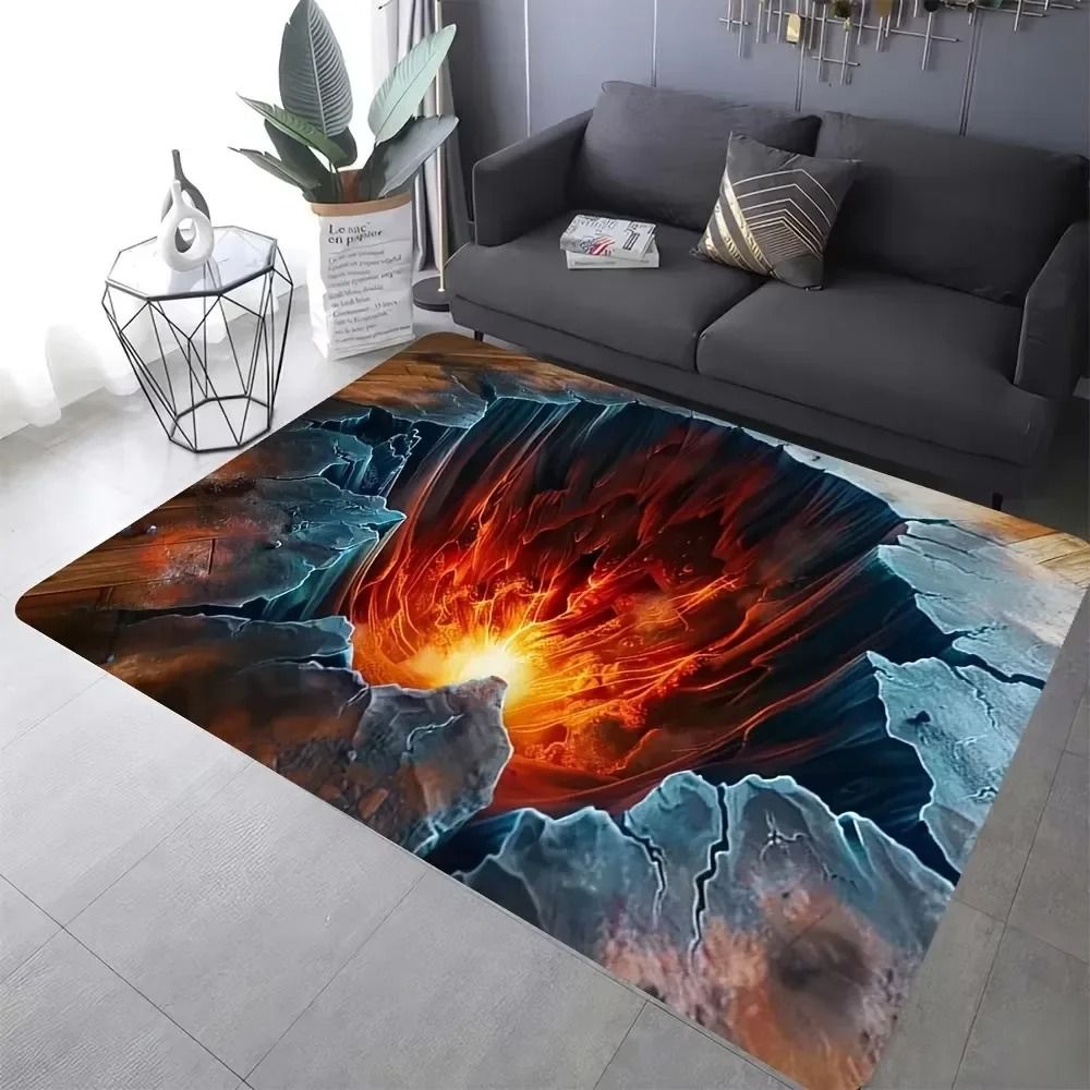 3D Desert Crack Water & Fire Design Rug | Non-Slip Machine Washable Carpet