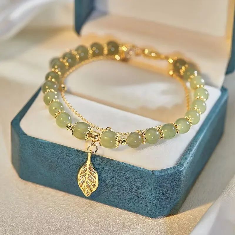 Chinese Style Green Jade Gold Leaf Double Chain Bracelet