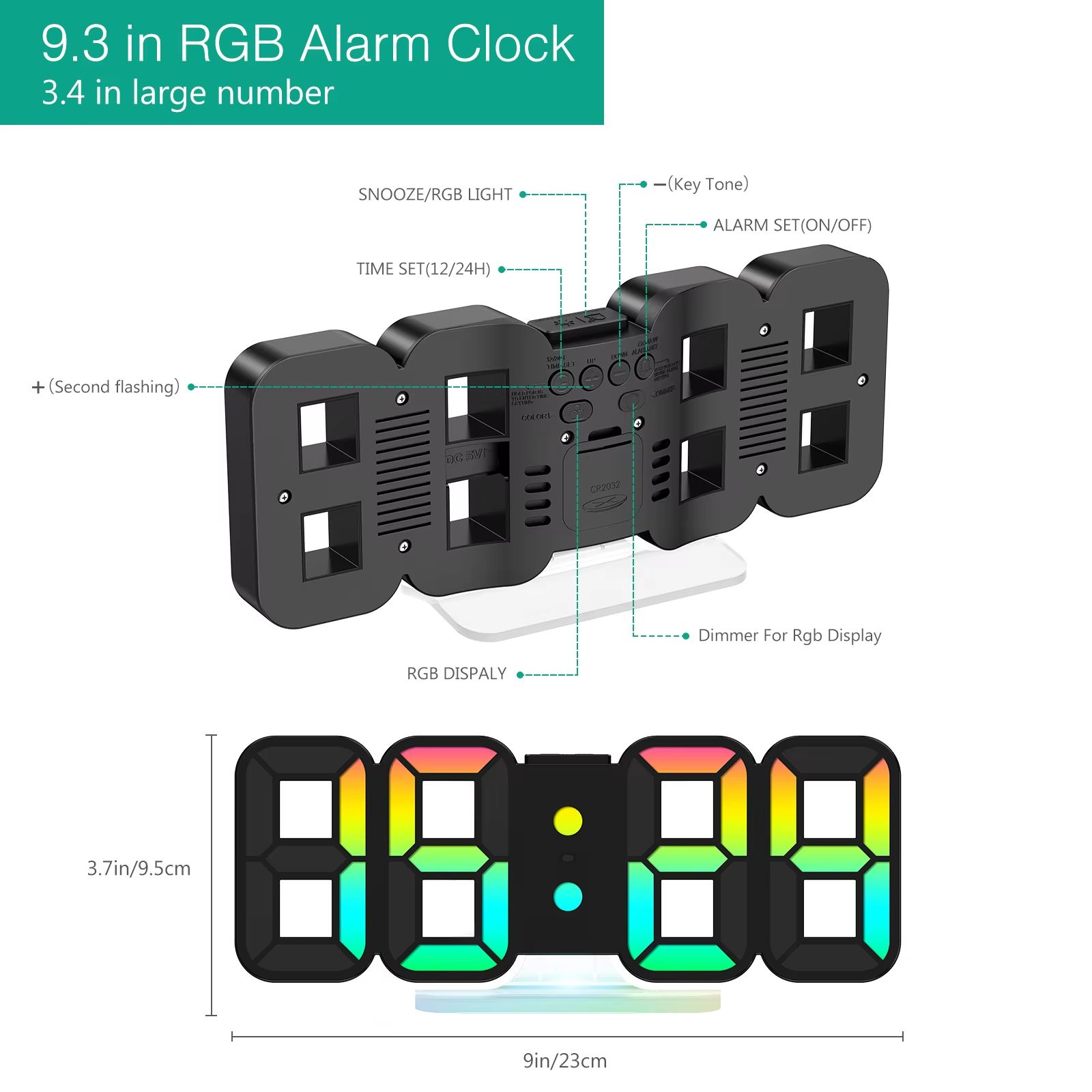 Smart ORIA 3D LED Alarm Clock 9.7 Inch with RGB Night Light and Remote Control