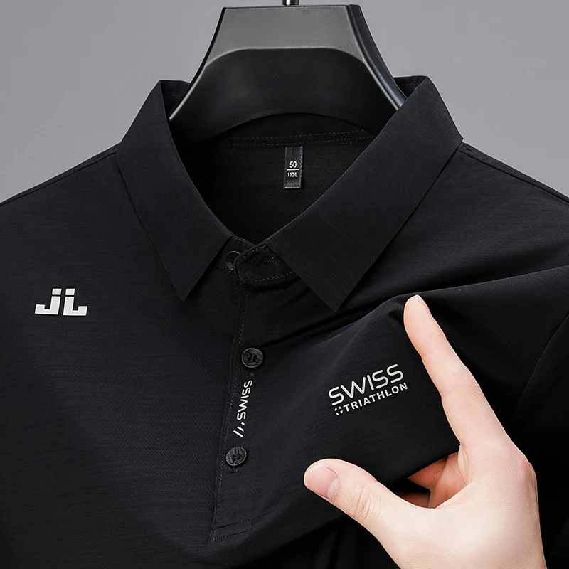 Fashionable Men's Business Casual Polo Shirt with Badge, Solid Color Short Sleeved Shirt, Comfortable Breathable
