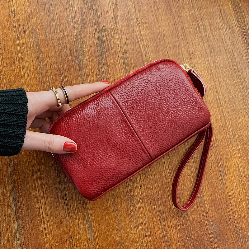 Genuine Leather Womens Wallet with Zipper Clutch for Ladies Cowhide Wristlet Mobile Phone Bag