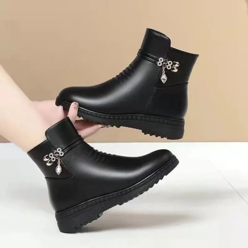 Leather Women Boots 2024 Winter Thick Wool Lined Genuine Leather Snow Boots