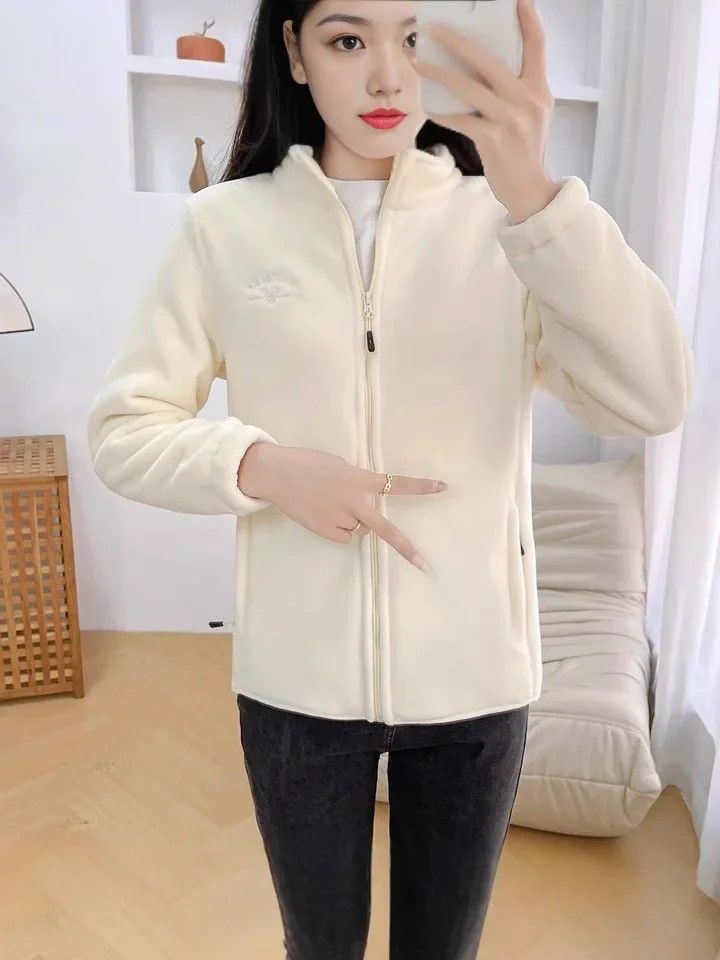 Winter Luxe Polar Fleece Letter Print Coat – Womens Loose Fit Wool-Liner Jacket