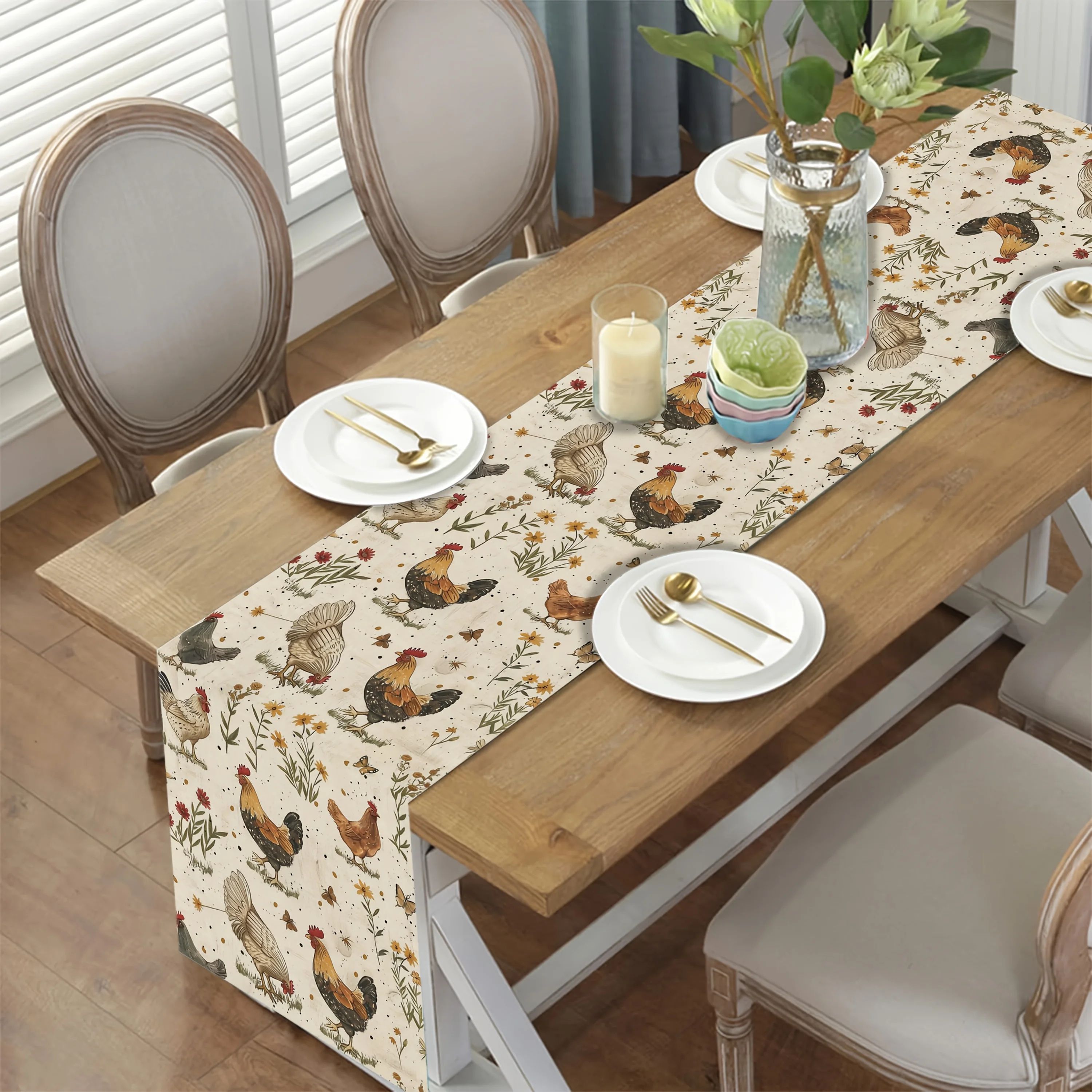 Farmhouse Rooster Linen Table Runner for Dining Table – Wildflower Butterfly Rustic Kitchen Decor