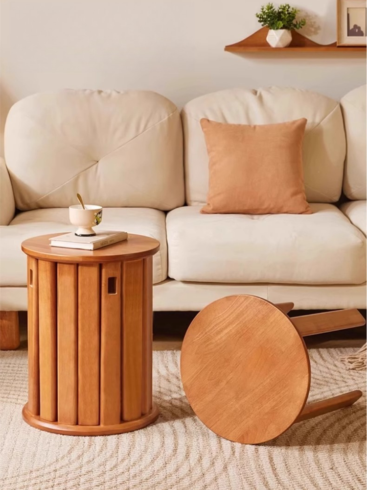Solid Wood Small Round Stool, Stackable Multi-functional Footstool for Home Dining, Rubber Wood Foldable Self-Contained