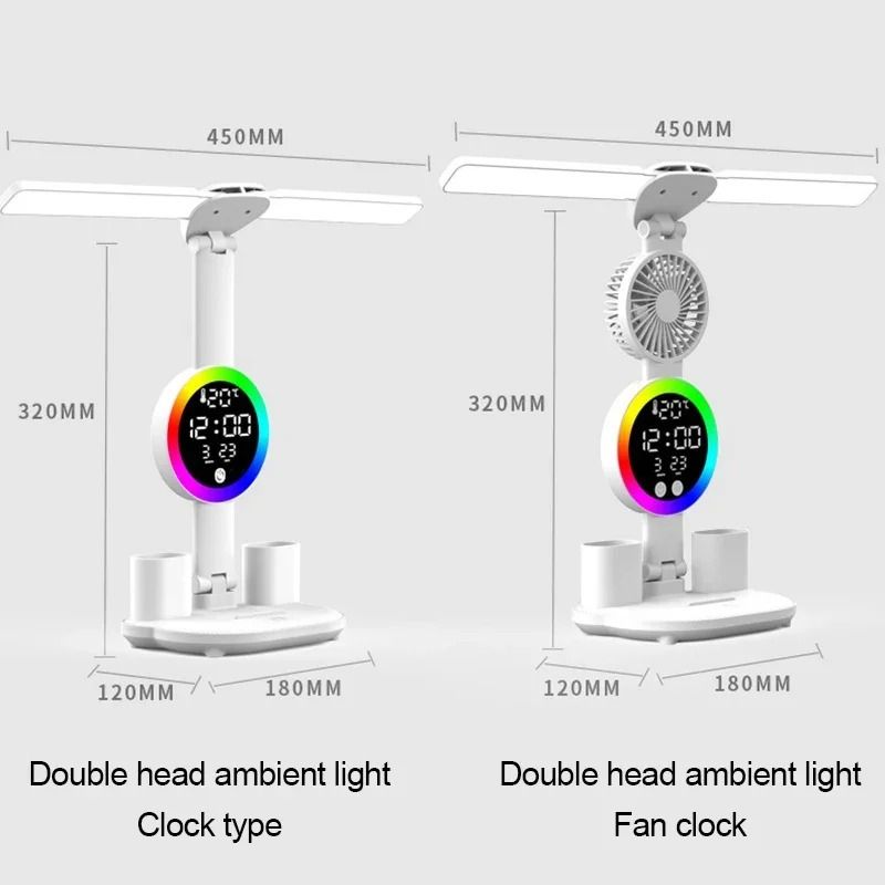 Rechargeable LED Table Lamp with Fan Clock Display Reading Desk Light Night Light