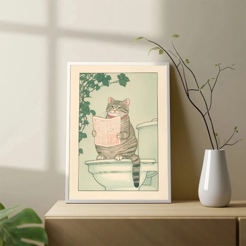 Japanese Tabby Cat in Bathtub | Retro Aesthetic Japandi Canvas Art