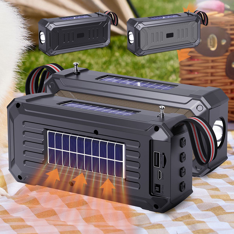 Solar Wireless Bluetooth Speaker with Flashlight Dual Solar Power, Rechargeable MP3 Player & FM Radio