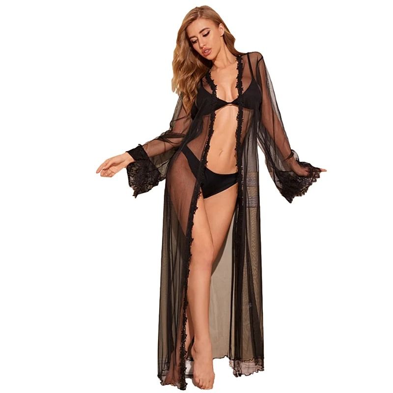Womens Long Lace Sheer Nightgown – White Bridesmaid Robe & Sensual Kimono Bride Lingerie