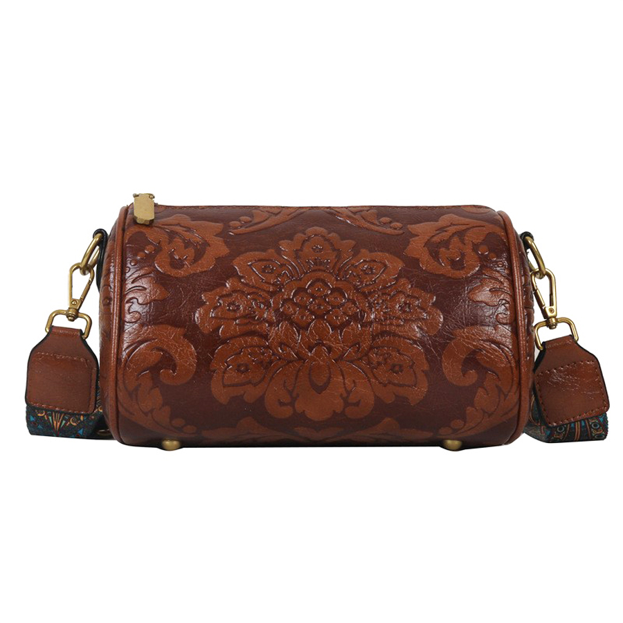 Fashionable Chinese Style Retro Womens Cylindrical Shoulder Crossbody Bag Embossed & Chic