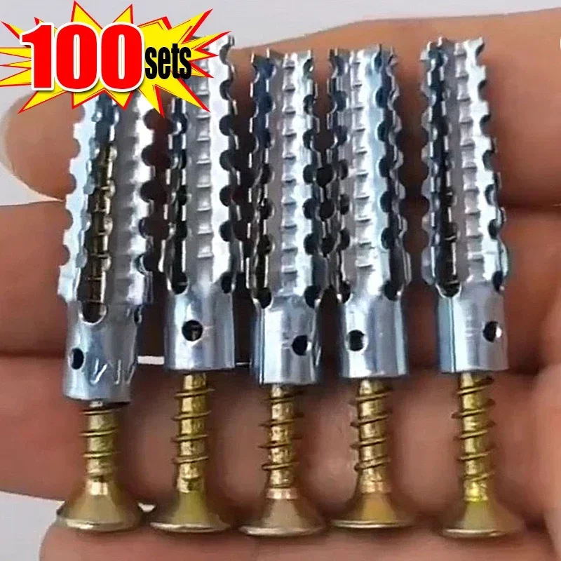 100/10sets Heavy-Duty Metal Serrated Expansion Tube,Self-Tapping Screws Kit, Concrete Wall Anchors, Fasteners for Secure