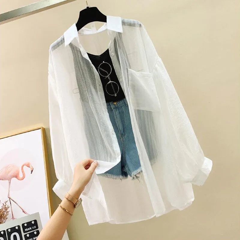 Casual Women's Cardigan Top, Korean Harajuku Loose Top, Thin Cut Perspective Chiffon Shirt for Women