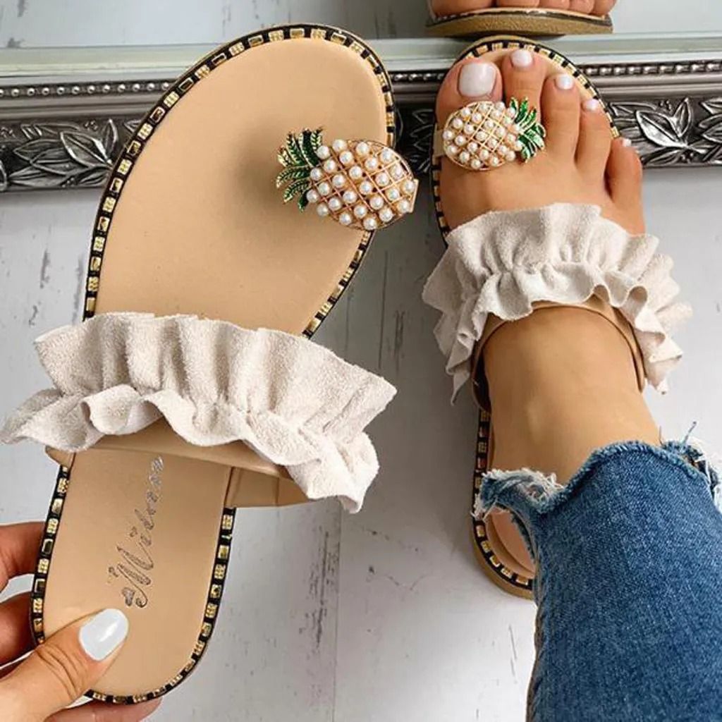 Bohemian Flat Sandals with Pineapple Pearl Accent
