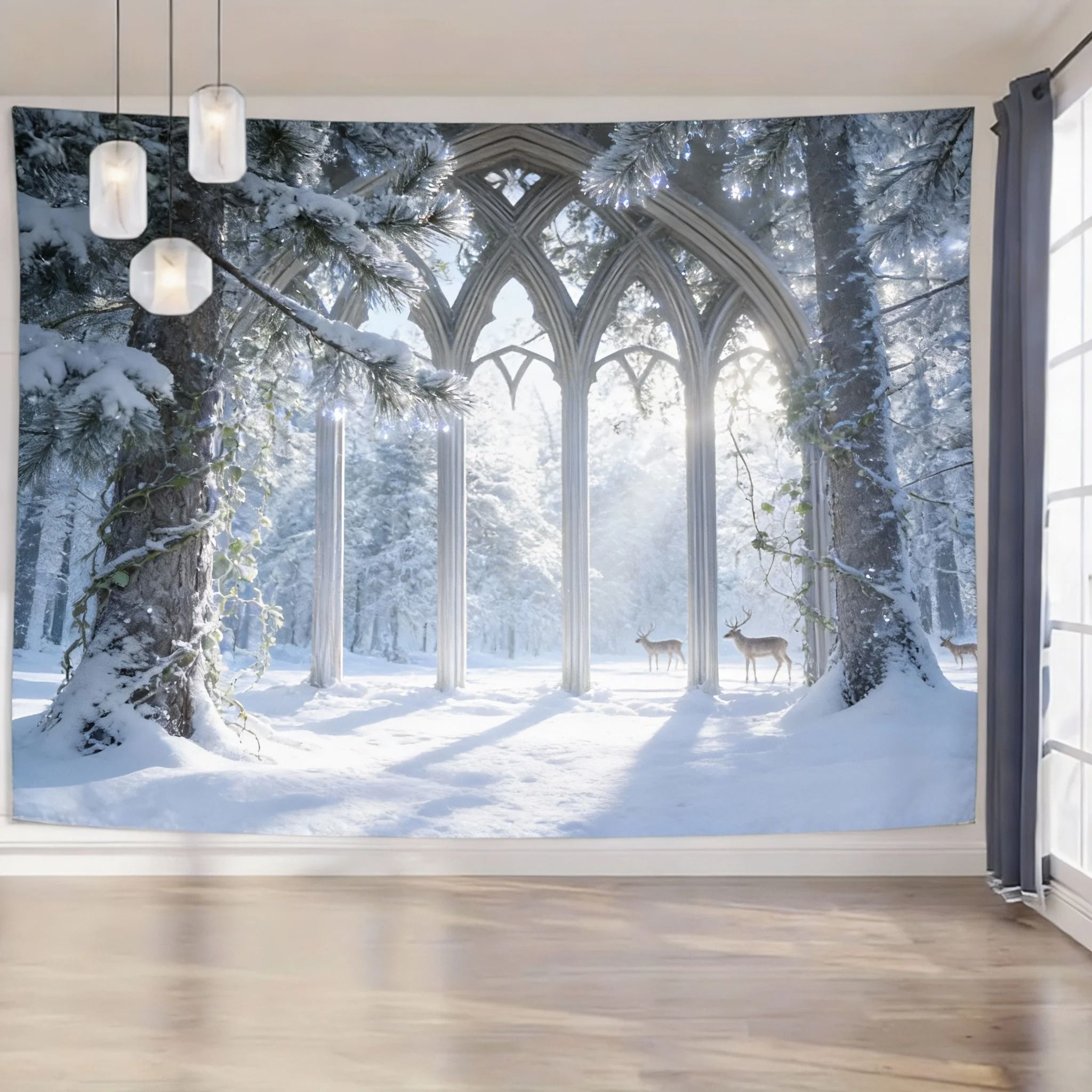 Enchanted Gothic Window Lush Garden Tapestry