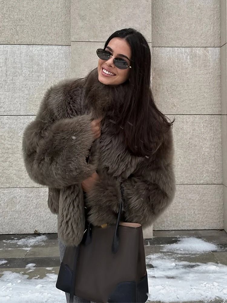 Elegant Stand Collar Faux Fur Jacket | Modern High Street Loose Coat