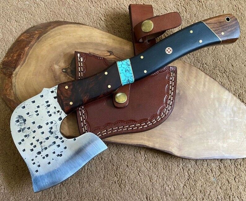 Hand-Forged Viking Double-Edge Axe – Carbon Steel Blade, Rosewood & Micarta Handle, Premium Leather Sheath
