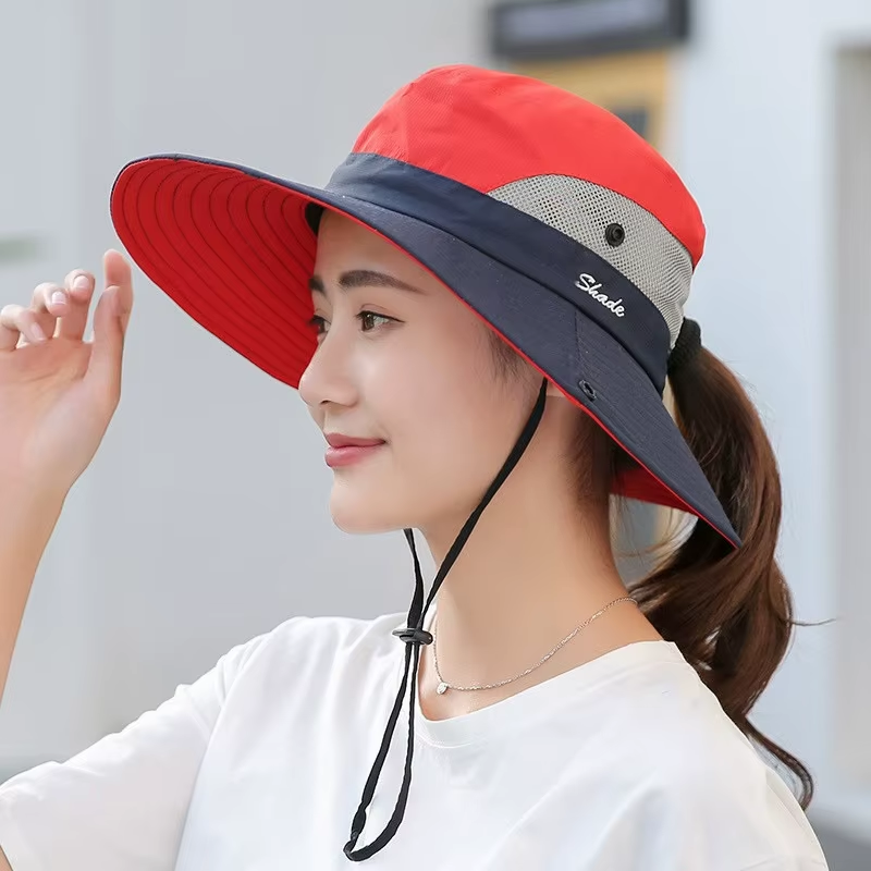 Womens Wide Brim Sun Hat with Ponytail Hole Breathable Waterproof Summer Beach Hat