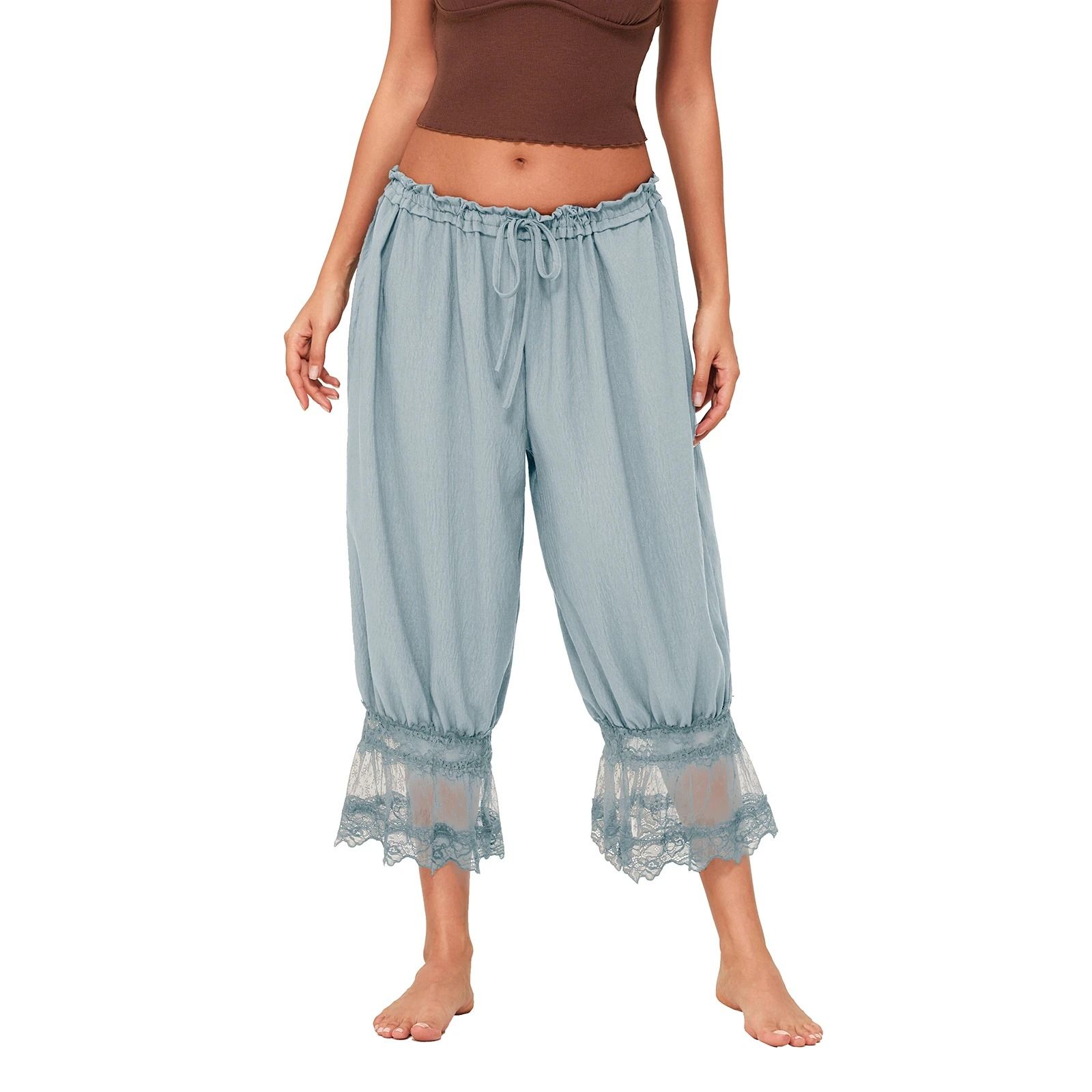 Womens High Waist Cropped Bloomers with Lace Detail and Drawstring Fit