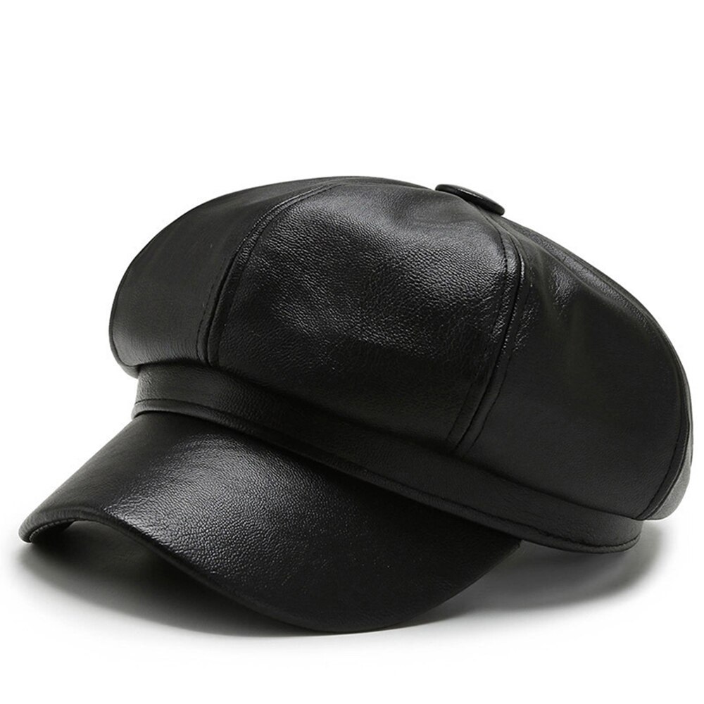 Fashion Women Leather Beret, Octagonal Hat Autumn Winter Style, Versatile Big Head Circumference Cap
