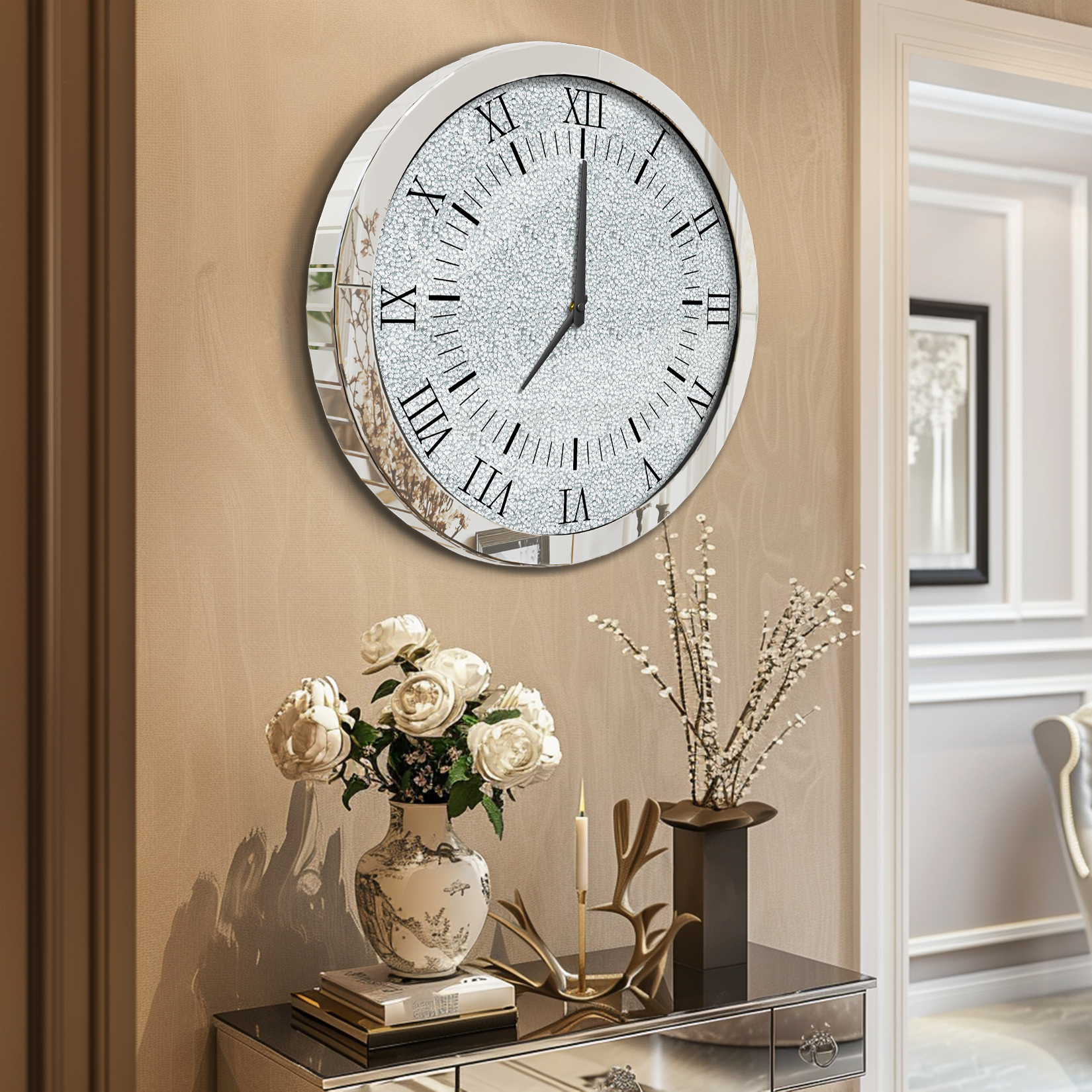 Silver Crystal Crush Diamond Wall Clock, Mirrored Quartz Clock with Beveled Glass, Luxury Home Decor Round Design
