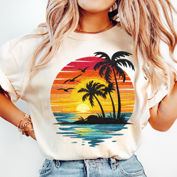 Sunset Palm Tree Shirt Tropical Beach Graphic Tee Summer Vacation Outfit