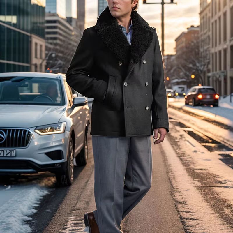 Contrast Detail Men's Wool Pea Coat – Classic Double Breasted Pea Coat Winter Overcoat