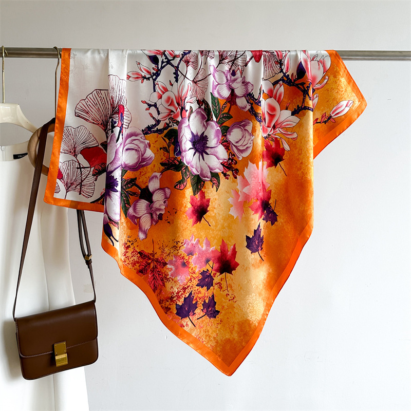 Elegant Twill Silk Feeling Shawls and Wraps, Luxury Hair Scarves, Tree Print Bandana Hijab Pashmina