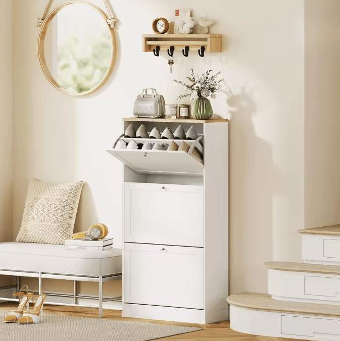 Wooden Shoe Storage Cabinet with 3 Flip Drawers Entryway Organizer with Adjustable Shelves Hidden Shoe Rack