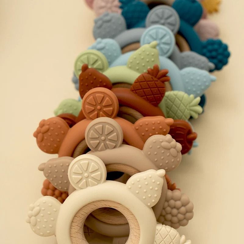 Fruit-Theme Silicone & Wooden Baby Teether – BPA-Free Infant Chewing Toy