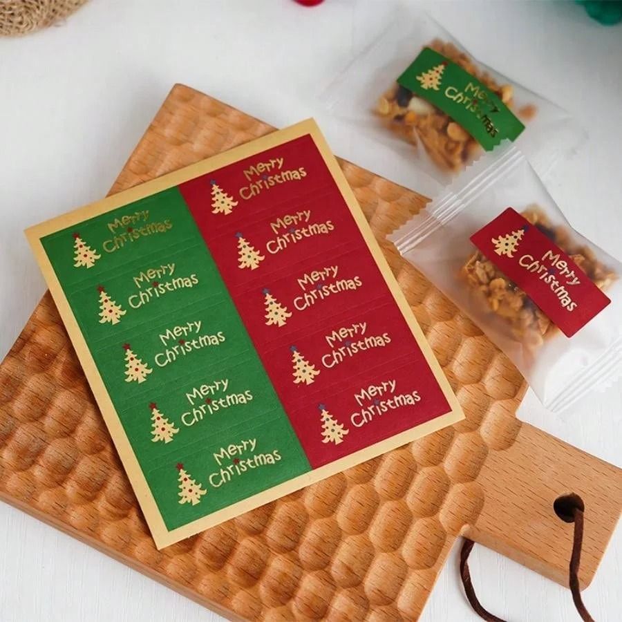 50pcs Christmas Tree Sealing Stickers Vintage Kraft Paper Baking Packaging Hot Stamping Gift Stickers