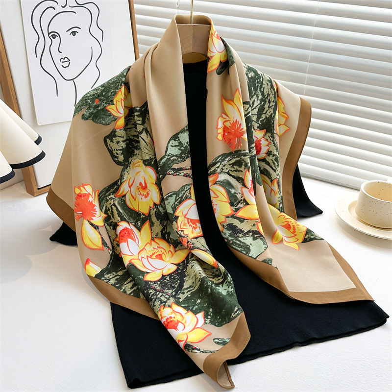 Elegant Twill Silk Feeling Shawls and Wraps, Luxury Hair Scarves, Tree Print Bandana Hijab Pashmina