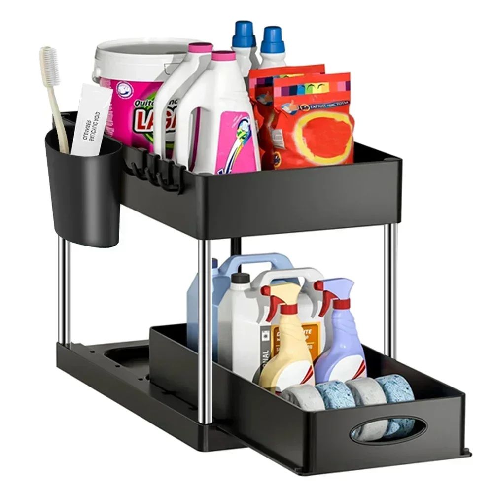 2-Tier Sliding Under Sink Organizer – Space-Saving Cabinet Storage Rack with Hooks