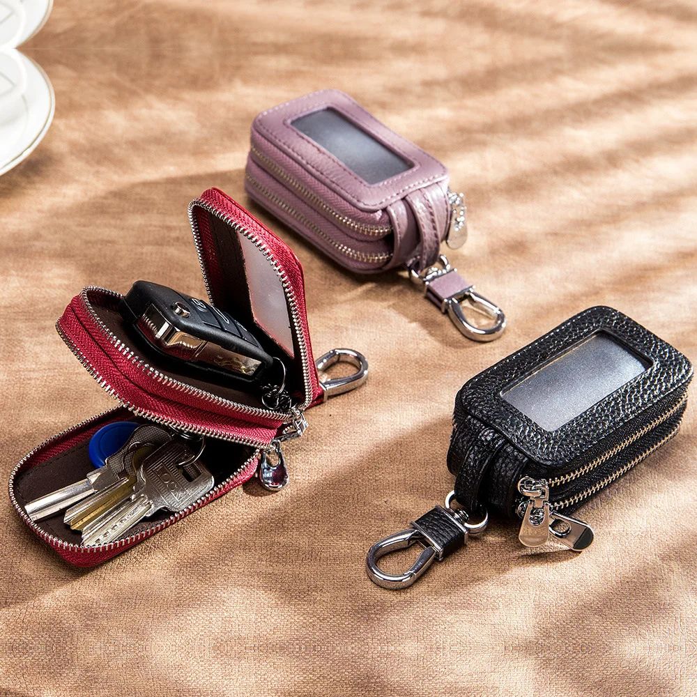Genuine Leather Zipper Key Wallet Car Key Organizer Pouch