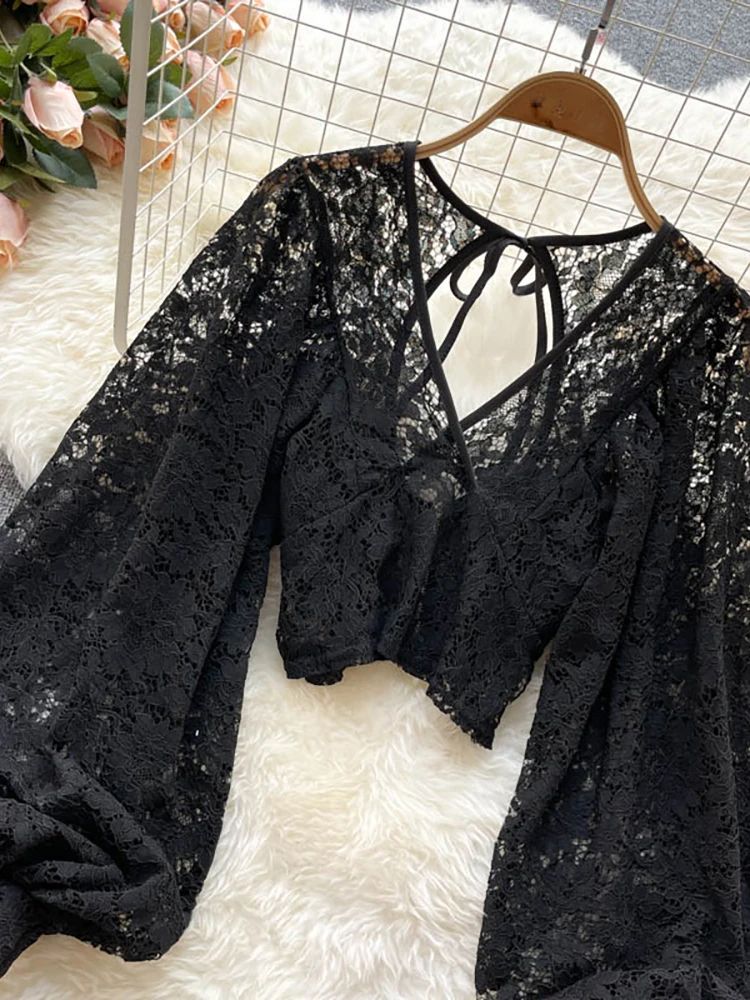 Women's Lace Open Back Blouse – V-Neck Puff Sleeve Cropped Party Top