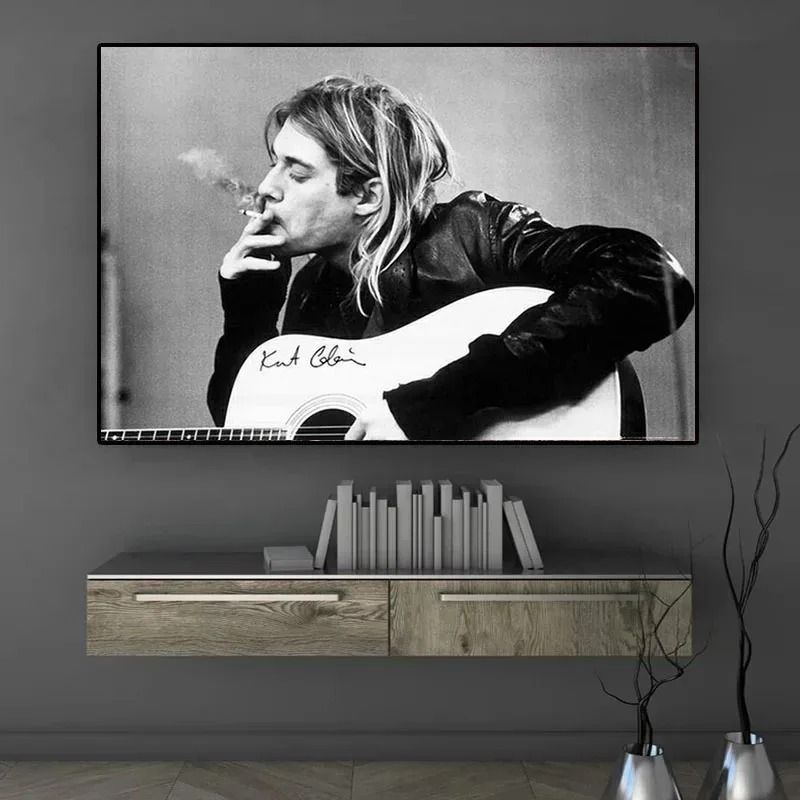 Retro Kurt Cobain Poster – Black & White Rock Roll Music Canvas Wall Art for Bar, Cafe, and Home Decor