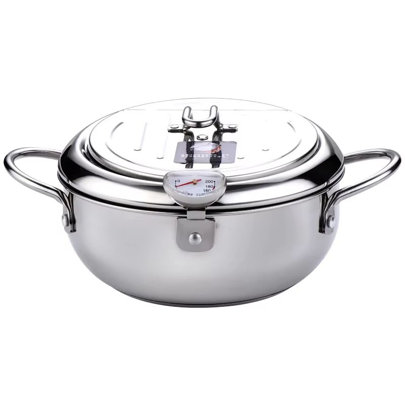Japanese Stainless Steel Deep Frying Pot with Thermometer & Lid – Tempura Fryer Pan (20/24 cm)