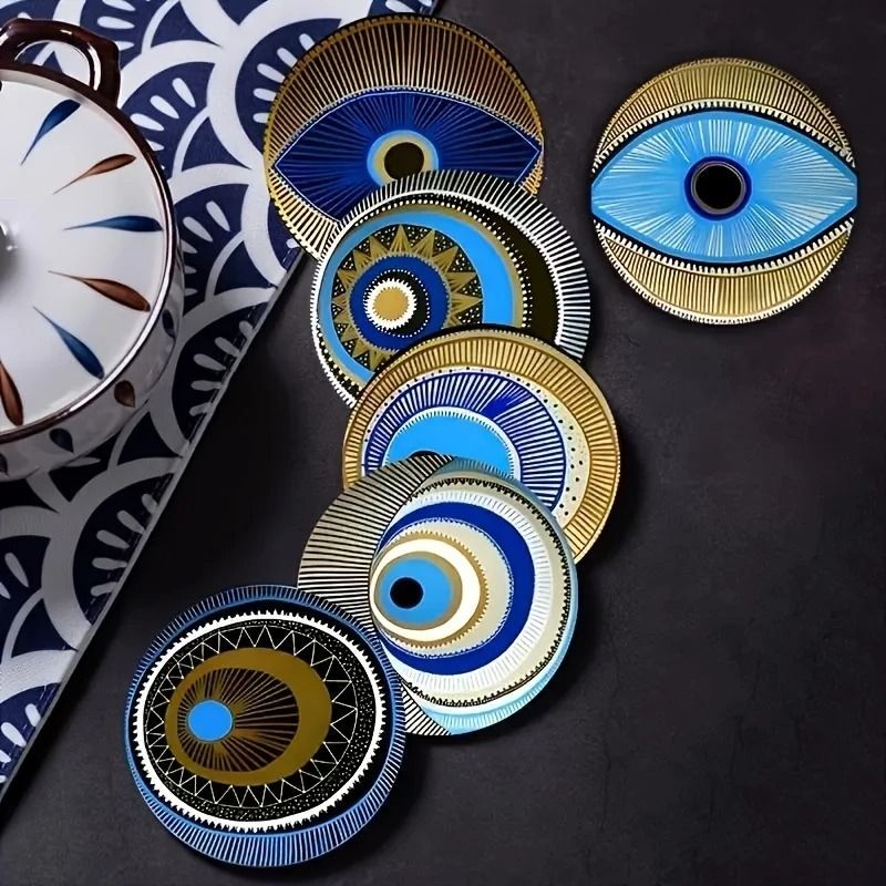 6-Pack Wooden Coasters – 4 in Evil Eye Theme Desktop Insulation Mats – Modern Coffee Mug Coasters and Housewarming Gift