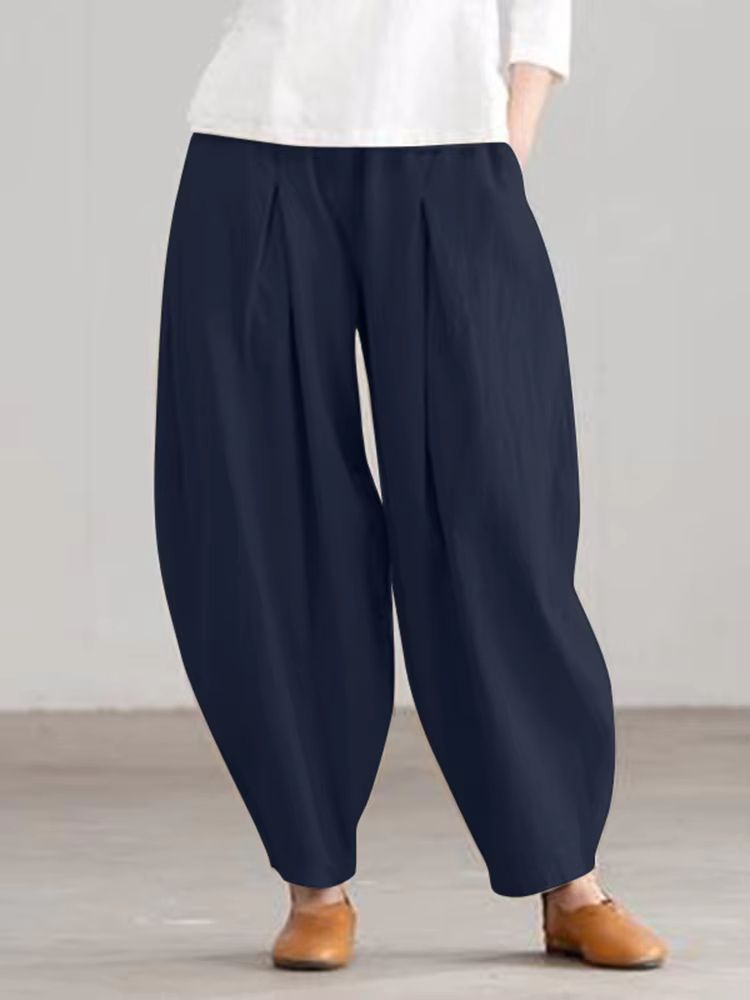 Women Summer Cotton Wide Leg Pants Elastic Waist Loose Casual Trousers