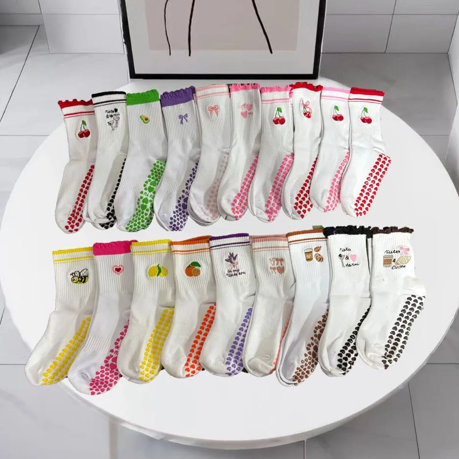 Womens Knitted Embroidered Non-Slip Yoga Socks EU 36–43 – Silicone Grip Pilates & Fitness Mid-Calf Socks