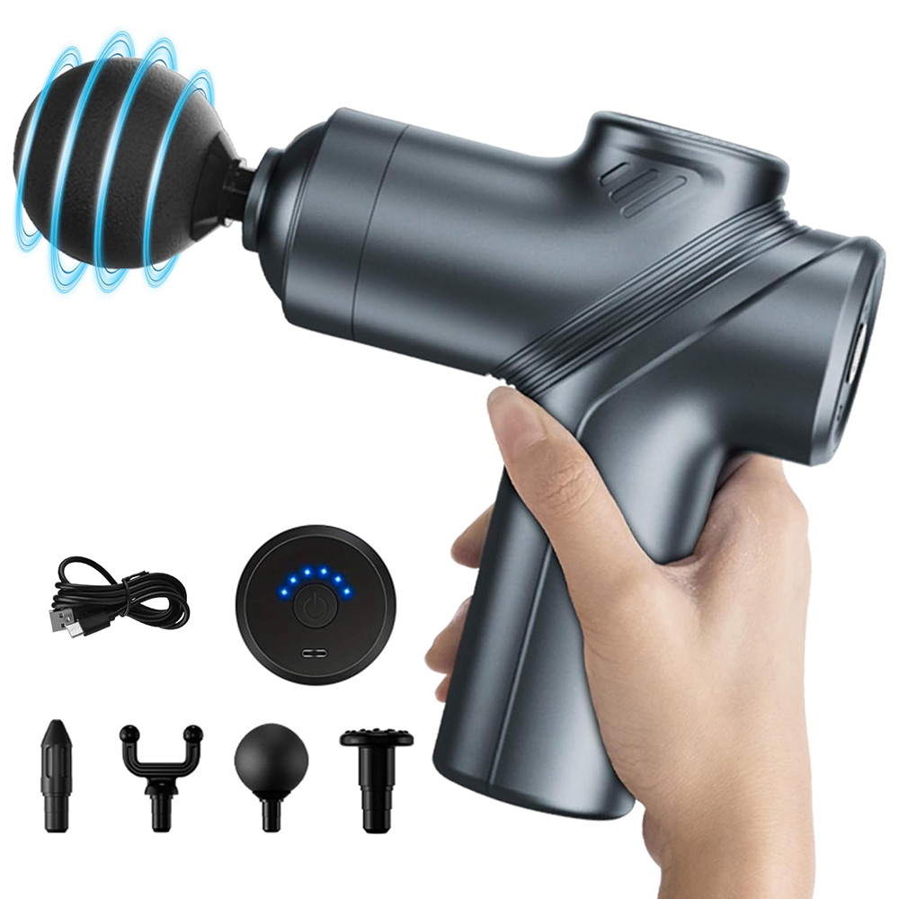 Muscle Percussion Massager for Athletes, Deep Tissue Mini Massage Gun Grey, 6 Speeds & Massage Heads