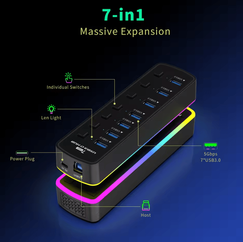RGB USB 3.0 Hub 7-Port with Individual On/Off Switches – High Speed USB Extension Docking Station
