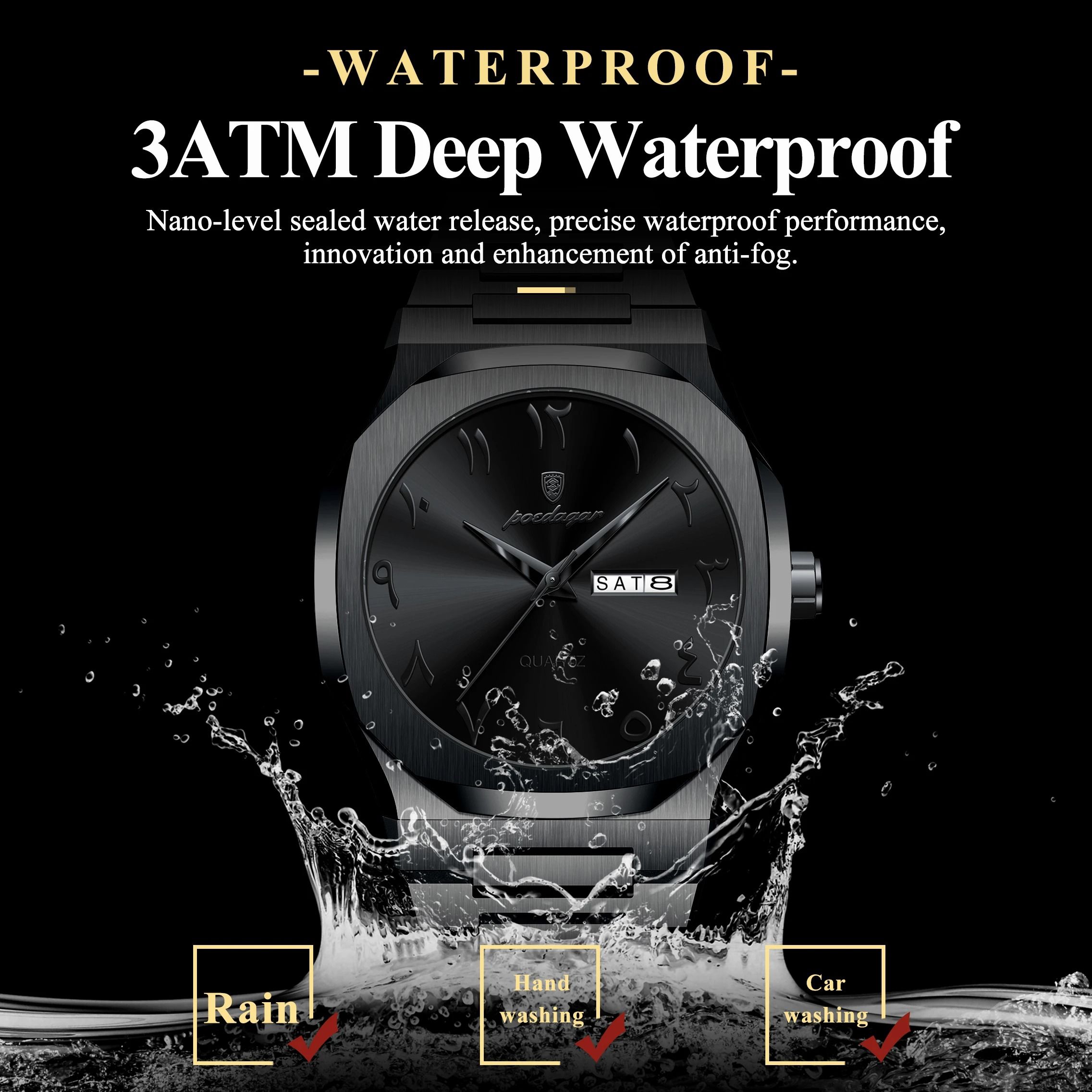 Mens Military Style Watch with Weekday Calendar and Waterproof Design
