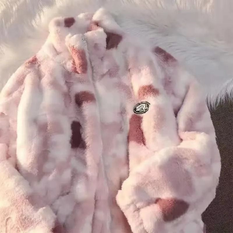 Trendy Tie Dye Fleece Jacket Womens Plush Lamb Wool Zip Up Winter Coat
