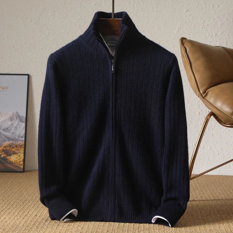 Men 100 Percent Merino Wool Stand Up Collar Cardigan Zipper Coat