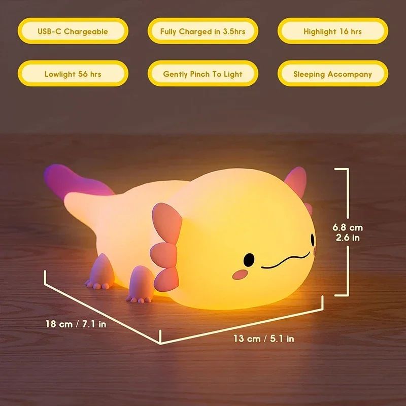Cute Axolotl Silicone LED Night Light – Touch Control Rechargeable Kids Bedside Lamp