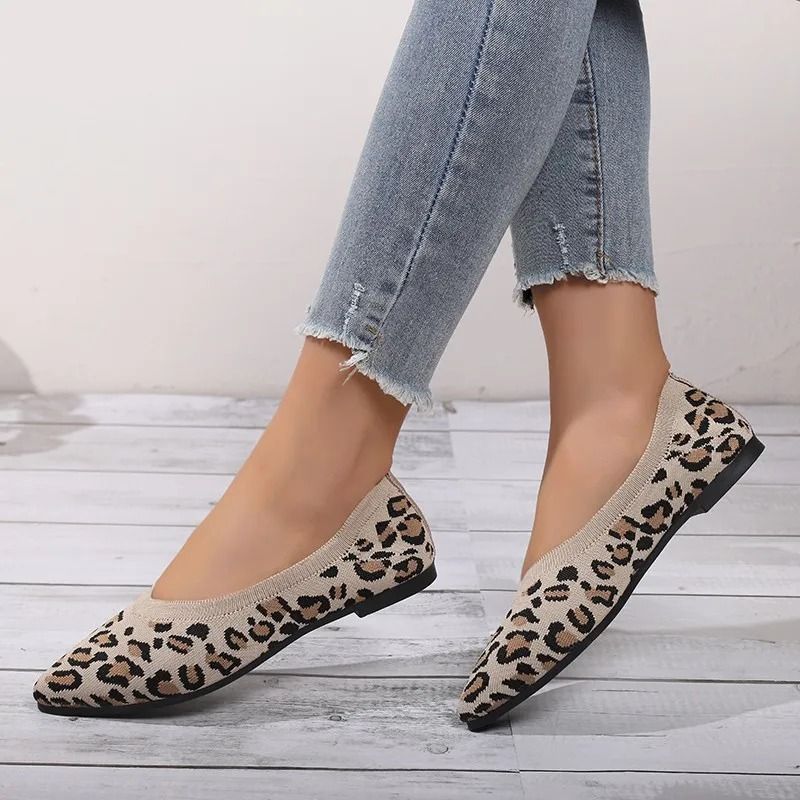 Women houndstooth knit ballet flats point toe mesh loafers casual driving shoes