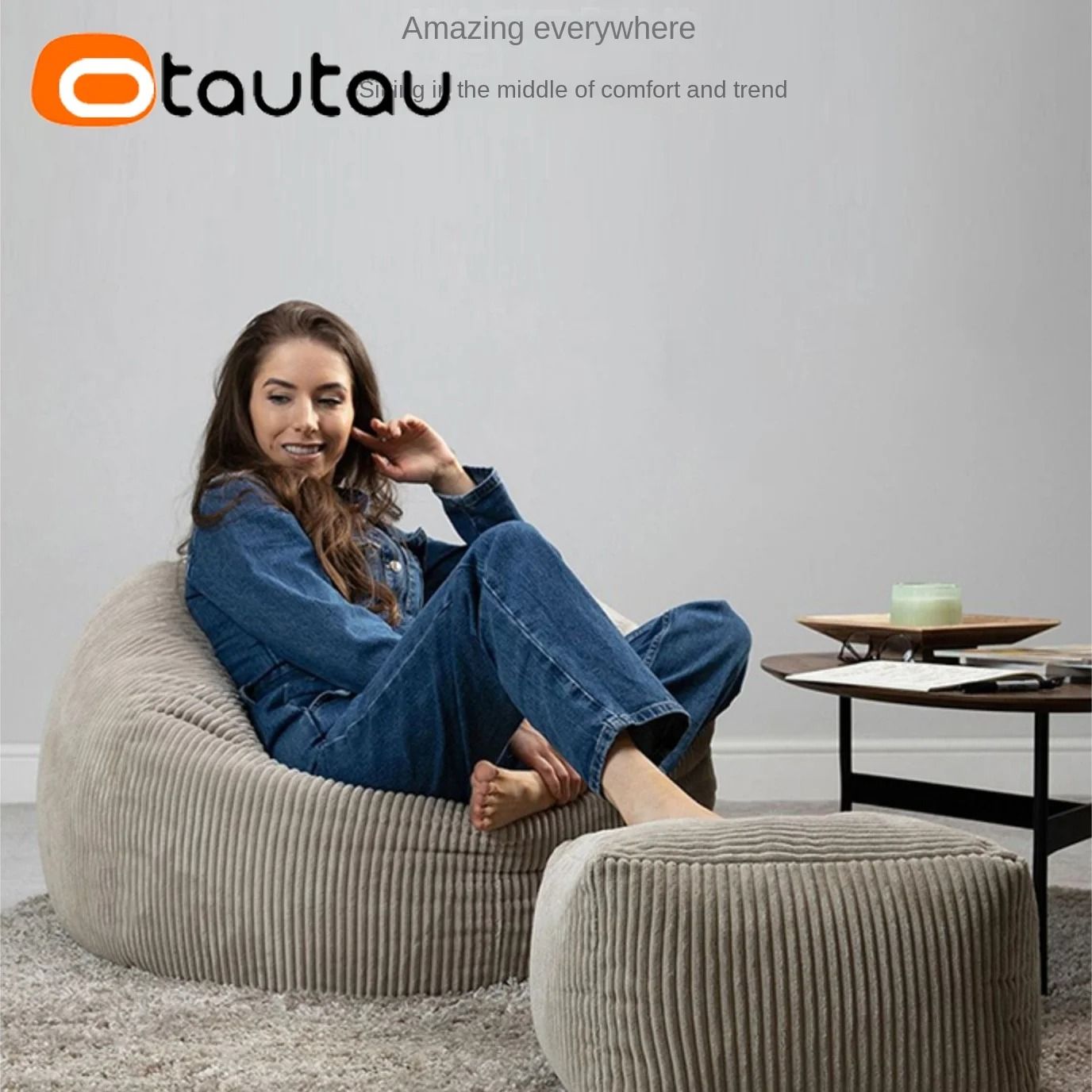 OTAUTAU Flannel Velvet Bean Bag Cover No Filler Pouf Ottoman