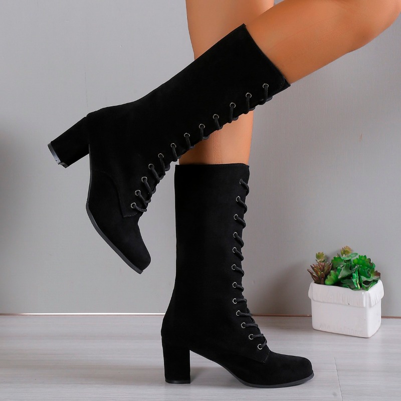 Womens Winter Boots, Coarse Heel, Round Head, Anti-slip, Wear-resistant High Boots with Front Cross Lacing