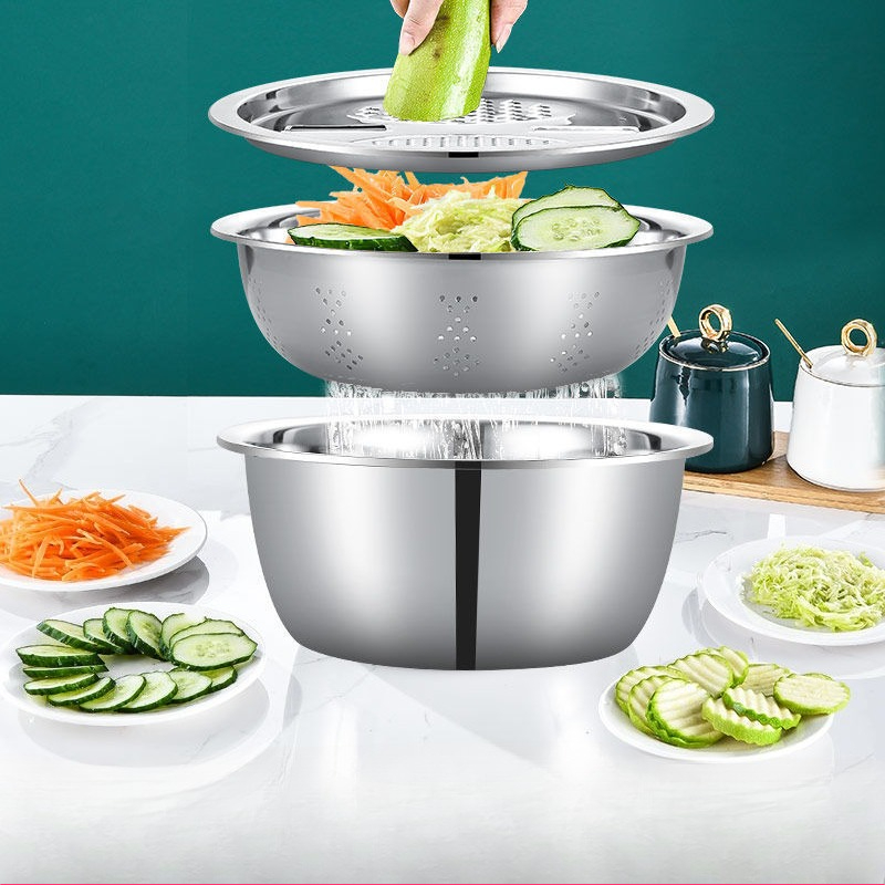 Multifunctional Vegetable Slicer & Drain Basket Set, Stainless Steel Potato Slicer and Vegetable Washing Basin